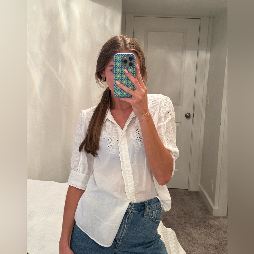 White j crew detail embroidered shirt blouse button up size small! Summer spring